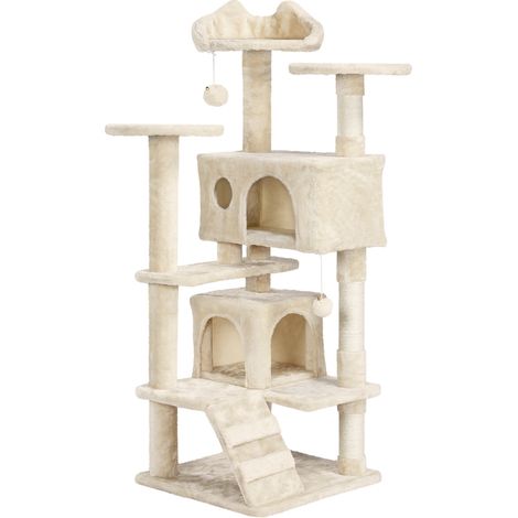 Yaheetech Arbre à Chat avec 2 Niches 3 Plateformes 2 Boules en Sisal Arbre à Grimper Multi-Niveaux Hauteur 137cm Idéal pour 3-4 Chats Beige