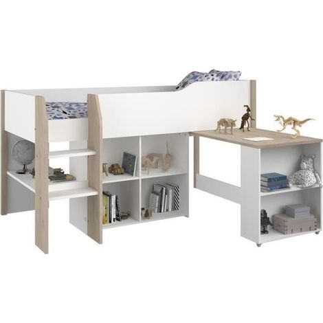 Les Tendances – Lit combiné 90x200 – blanc/chêne – Bureau à roulettes et armoire de rangement – Gain de place pour chambre d'enfant