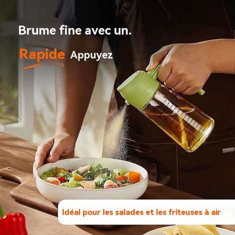 Verseur et pulvérisateur d'huile 2 en 1 en verre borosilicaté, capacité 400ml, anti-fuite avec poignée et graduations, pour cuisine salades friteuses à air et barbecue(2 pièces) (1/3)