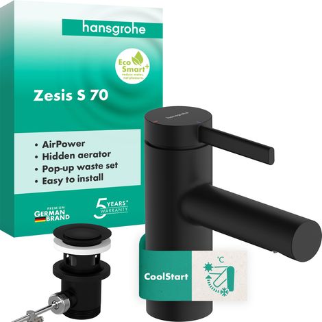 Mitigeur de lavabo avec tirette et vidage métallique, Robinet salle de bain, hauteur sous bec 74 mm, max. 4l/min, Noir mat (1/5)