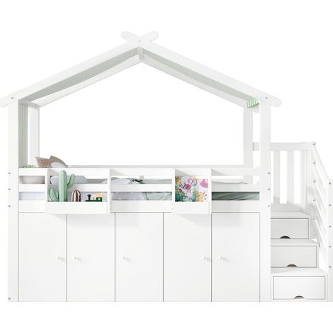 Lits superposés 90x200 - design cabane maison - lit superposé enfant - escalier de rangement, armoire et placards - blanc et vert (1/5)