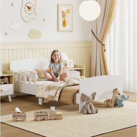 DESVIAE Lit enfant avec barrières de sécurité design bas Montessori en MDF blanc pour matelas 140 x 70 cm charge 80 kg (1/3)