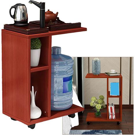 Plateau à thé multifonctionnel et mobile en bois, mini, style moderne et épuré, couleur teck, avec roulettes. (1/4)