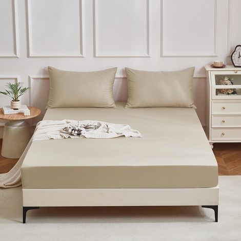 Fitted Sheet 160 x 200 cm Cotton Khaki Plain 160 x 200 cm 100% Cotton Smooth Shiny Soft Breathable Suitable for 30 cm Mattress (1/5)