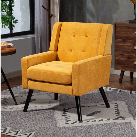 Fauteuil tapissé jaune en tissu avec capitonnage décoratif et pieds en bois massif (1/5)