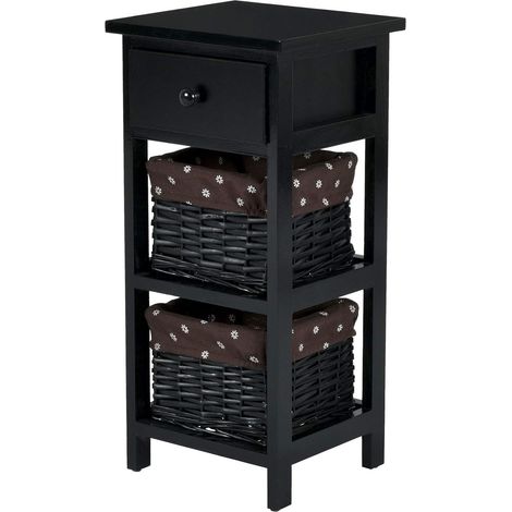 COSTWAY Mesita de Noche con Cajón y 2 Cestas de Almacenamiento Cajonera Mesa Auxiliar (Negro) (1/5)