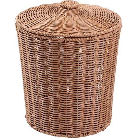 Cestino portaoggetti in plastica intrecciata con coperchio, contenitore per ufficio, cestino portaoggetti per soggiorno, camera da letto e bagno (1/5)