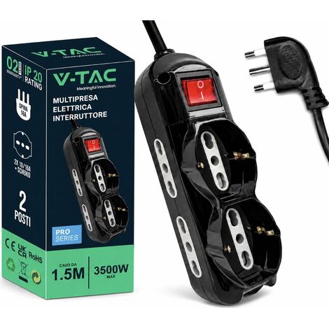 V-TAC Multipresa Elettrica Nera 6 POSTI con Interruttore Luminoso - Cavo 1,5 mt - 3 Prese Laterali 10/16A Bipasso e 3 Frontali 10/16A Bipasso Shuko - Ciabatta per Casa, Ufficio - Spina 16A - Ciabatta (1/5)