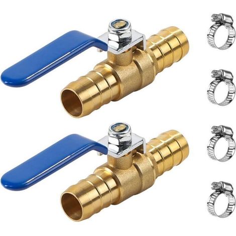 Robinet à bille en laiton 19 mm, 2 voies avec colliers de serrage et raccord cannelé – pour air, eau, huile (1/4)