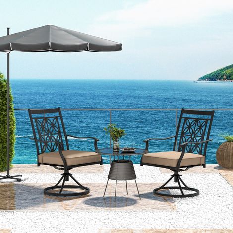 Lot de 2 Chaises Fauteuils de Jardin en Métal Base Rotative à 360° Coussin 9CM Charge 150 kg Intérieur Extérieur Café (1/3)