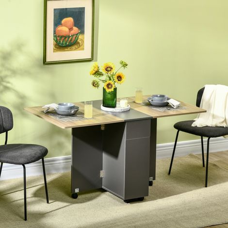 Table pliable à manger en panneaux de particules, 2 tiroirs, 1 placard, pour 6 convives max, dimensions 140x76x76 cm, meuble gain de place (1/5)