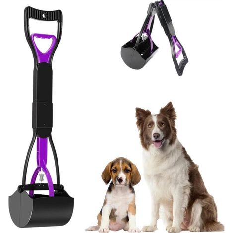 Foldable dog poop scoop with long handle, rake for picking up dog waste (purple) (1/5)