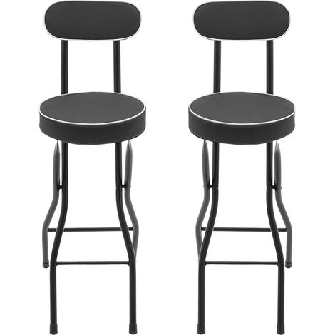 Lot de 2 tabourets de bar, Chaises hautes pliables, hauteur d'assise 65 cm, chaise de cuisine avec dossier, jusqu'à 125 kg, Noir