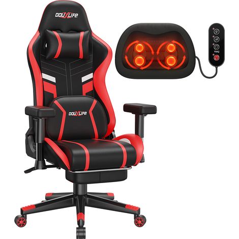 Gaming-Stuhl, ergonomisch Bürostuhl mit Knetmassage- und Heizfunktion, hoher Rückenlehne, Lendenwirbelstütze mit Fußstütze, gepolsterte 2D-Armlehnen verstellbar,-Schwarz+Rot