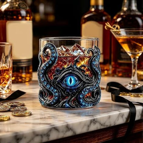 Verre à whisky Kraken Monstre des Mers 300 ml, gobelet en verre à motif œil de pieuvre en relief, style gothique, idéal pour les bars, les fêtes à la maison et bien plus encore. (1/3)