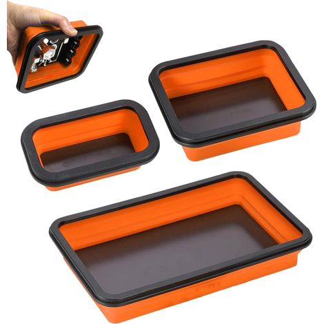 3 Pièces Plateau Magnétique, Plateau Pliable Set, Accessoires d'atelier pour Petits Boulons Écrous, Rondelles et Autres Petites Pièces Outils (Orange) (1/5)