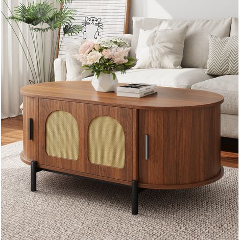 Tavolino da centro ovale con contenitore, ante scorrevoli, MDF e rattan, colore noce HAVRYA (1/5)