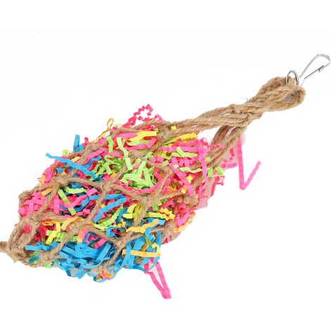 Papier coloré non toxique et inoffensif, sac en filet pour perroquets, jouet à mâcher et à mordiller suspendu pour cage, avec crochet. (1/5)
