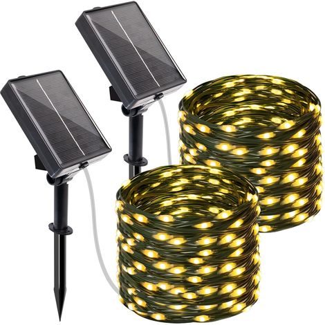 Lot de 2 Guirlande Solaire Exterieur avec Minuterie, 10M 100 LED Guirlande Lumineuse Exterieure Solaire 8 Modes IP65 Étanche pour Jardin Terrasse Cour Noël Mariage Fête, Blanc Chaud