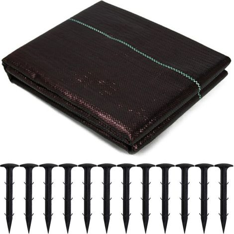 Toiles de Paillage 1m x 5m avec 12pcs Clous de sol, Bâche Anti Mauvaise Herbe, Géotextile Tissées Perméable à l'eau, Anti Repousse pour Jardin Verger