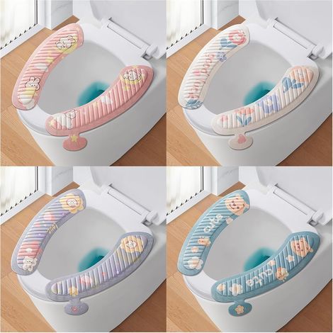 Lot de 4 housses de siège de toilette douces lavables avec ruban adhésif autocollant pour salle de bain Antidérapantes et douces Accessoires de sa (1/5)