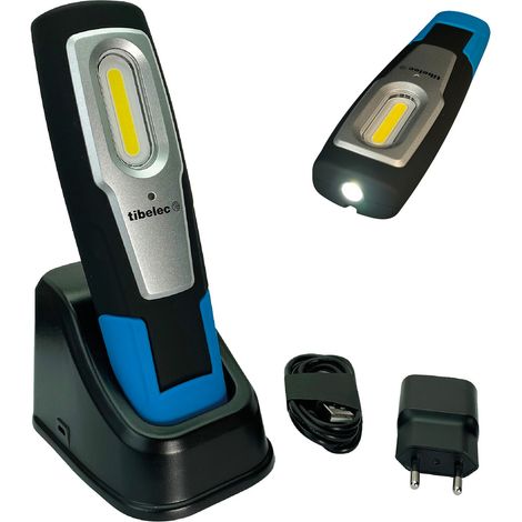 Tibelec – Baladeuse de chantier LED rechargeable 6W – 600 lumens – IP54 – Crochet aimanté – Mode torche – Garantie 3 ans