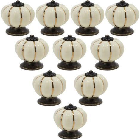Lot de 10 boutons de placard en céramique style vintage européen en forme de citrouille pour commode, armoires et tiroirs, beige (1/5)