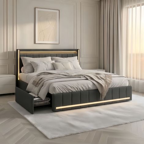 Lit adulte 140x190 avec sommier à lattes,bande lumineuse LED et chargement USB,4 tiroirs,lit double capitonné,tissu en lin,gris (1/5)