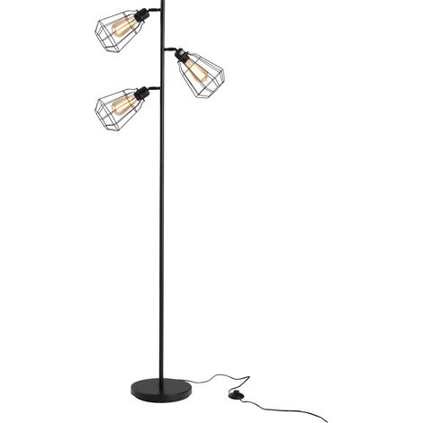 Lampadaire sur pied style loft 3 luminaires E27 40W max avec abat-jour grillagé métallique noir (1/5)