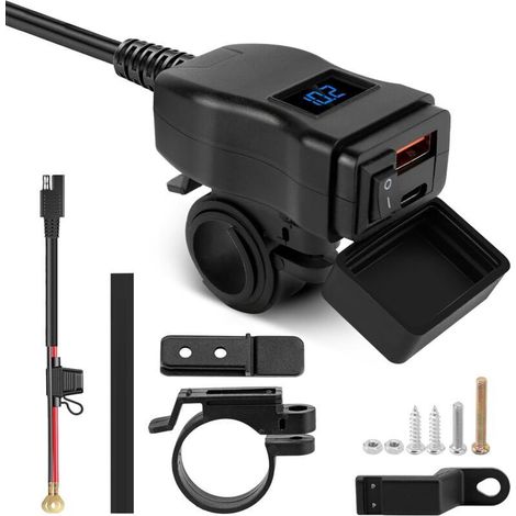 Adaptateur de Charge Moto, voltmètre, Interface USB-A et Type-C, 12 V-24 V, Universel, étanche, Protection IP65, Moniteur de Tension, Sortie 5 V/3,4 A (blue, USB+Type-C) (1/4)