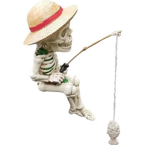 Statue de crâne de pêcheur en résine, sculpture de crâne de pêcheur, portant un chapeau de paille, figurine de gnome crâne (1/5)