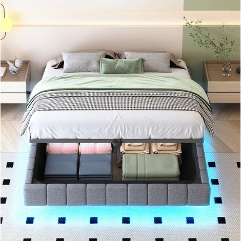 MEUBLIV Lit double 160 x 200 cm rembourré flottant avec rangement hydraulique et éclairage LED, cadre en métal, tissu gris (1/5)