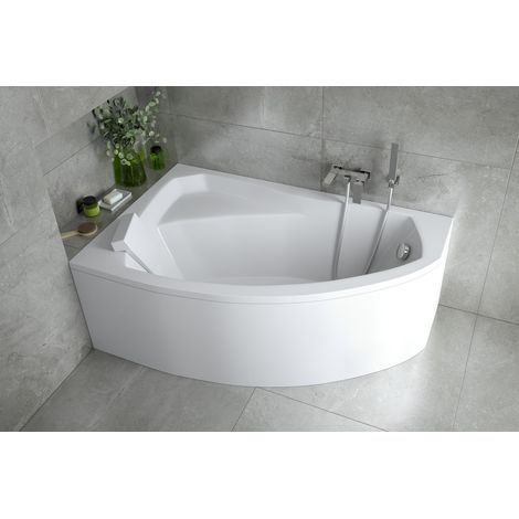 ECOLAM Baignoire d'angle Rima 160x100 cm gauche avec tablier + appuie-tête  pieds siphon + silicone (1/5)