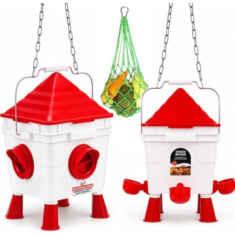 Mangeoire Poules et Abreuvoir, Mangeoire Poule Automatique, Capacité 6Kg et 8.5L, Mangeoire à Suspendue, Anti-Gaspillage Sac Net de Fruits et de Légumes avec Crochet pour Poules Canards Volaille (1/5)