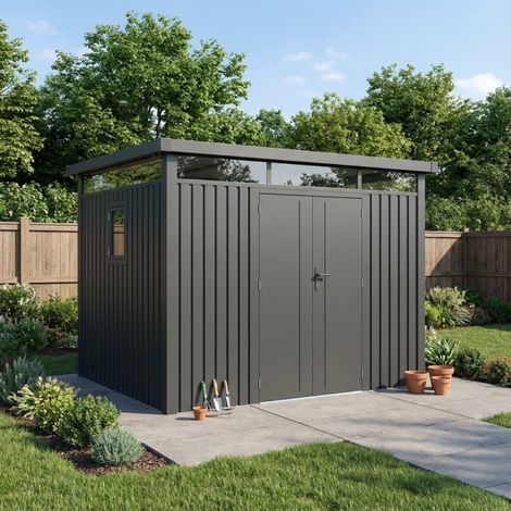 Abri de jardin acier galvanisé 6.76m2 toit plat gris (1/5)