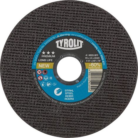Disque à tronçonner Premium Longlife moyeu plat coupe acier diamètre 115 mm épaisseur 1 mm alésage 22,2 mm - TYROLIT