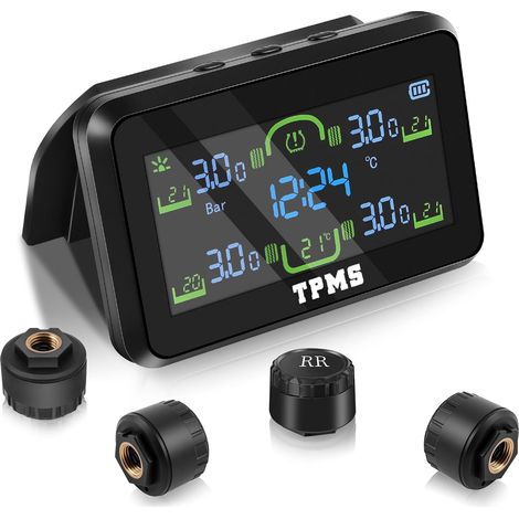 TPMS Solar/USB Removable Tire Pressure Monitoring System, 5 Alarm Modes, for Campers, Sedans, SUV, MPV, Trailers, 4 External Sensors (87 psi) (1/5)