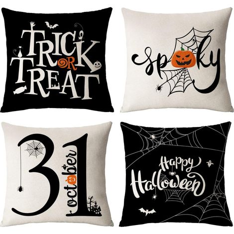 Fundas de cojín de Halloween de 45x45 cm, juego de 4, estampado de telaraña negra, para sofá o sillón, decoración de Halloween. (1/5)