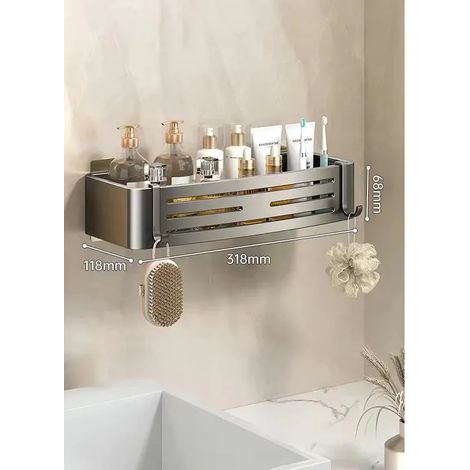 Étagère de salle de bain en aluminium gris, fixation murale auto-adhésive, porte-shampoing, panier de rangement pour maquillage, panier de rangement. (1/5)