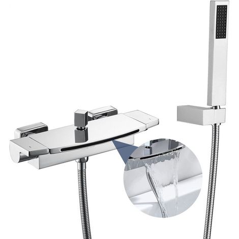 Rubinetto doccia a cascata per bagno con miscelatore, doccetta inclusa, vasca da bagno con mensola, design moderno in ottone e cromato, facile installazione (1/5)