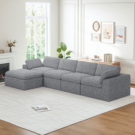 Grand Canapé Modulable 4 Places avec Pouf en Tissu Chenille,Canapé Compressé Sans Assemblage,Profondeur d'Assise 60cm,Salon Moderne Gris,368x182x65cm (1/5)