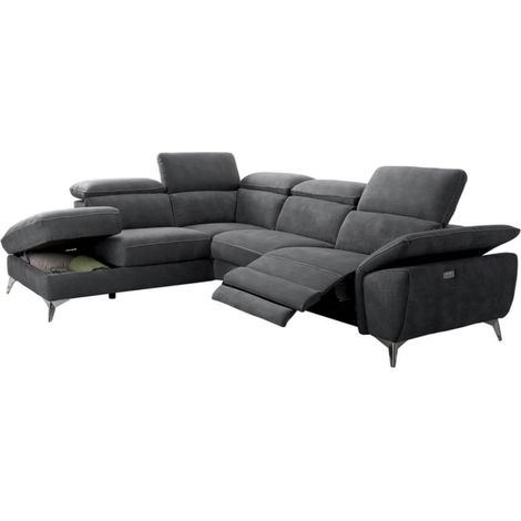 Les Tendances – Canapé d'angle électrique en microfibre – Relaxation avec têtières réglables – Coffre de rangement intégré – Gris foncé – 273 cm x 212 cm