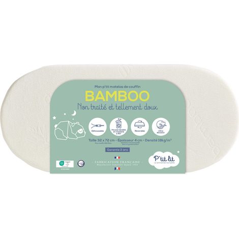Matelas de couffin bambou 72x32 cm – Viscose douce et soyeuse – 2 faces de couchage – Fraîche et absorbante pour bébé – P'Tit Lit (1/5)