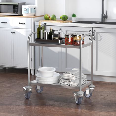 Carrello da cucina in acciaio inox con 2 vassoi e 2 bracci per sala da pranzo e soggiorno, 80x45x82 cm, colore argento.