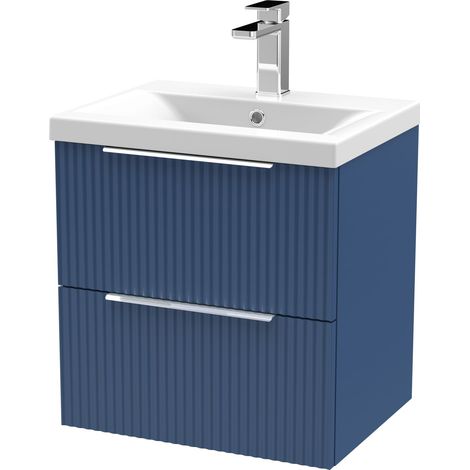 Contemporary Fluted 500mm Wall Hung 2-Drawer Vanity and Mid-Edge Basin, Satin Blue