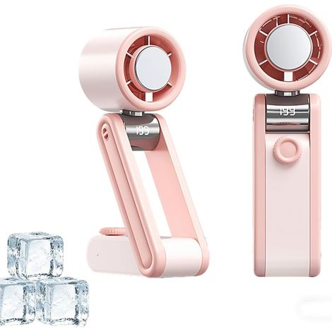 Faltbarer tragbarer Ventilator, 3-in-1 (tragbar, mit Nackenband, für den Tisch), Digitalanzeige, geeignet für Outdoor-Aktivitäten (rosa). (1/4)