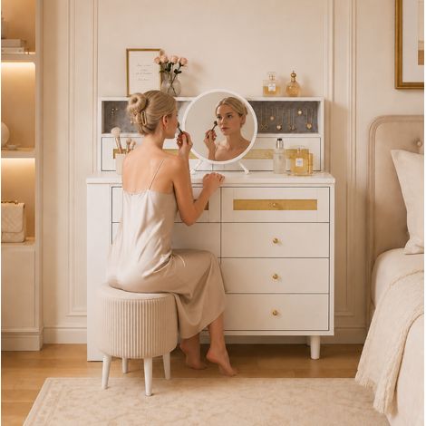 Coiffeuse avec miroir 105×50×107,5 cm en MDF blanc, 10 tiroirs, rangement pour chambre – MEUBLIV (1/5)