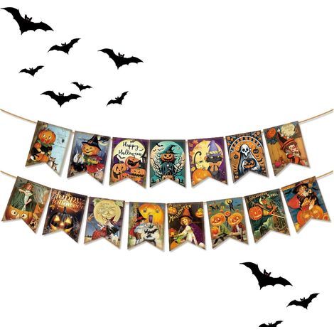 Guirlande de citrouilles décoratives - Bannière d'Halloween, fanion réutilisable avec motif citrouille, pour cheminée, mur (1/5)