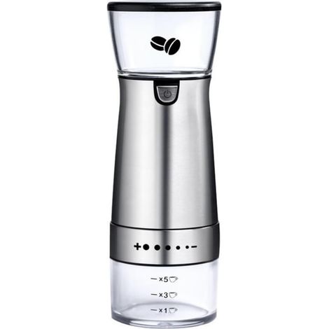 Moulin à café électrique portable argenté, broyeur automatique avec meule en céramique et brosse de nettoyage, pour café maison et voyage (1/5)