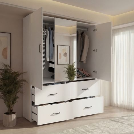 Armoire 2 portes et 4 tiroirs-L130 cm-étagères+penderie-Avec miroir-Kit dressing design simple-meuble chambre-Blanc (1/5)